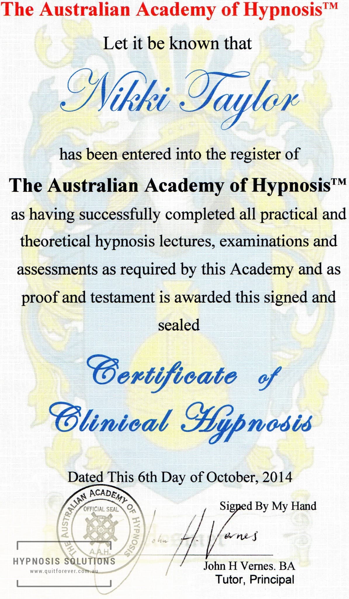 Certificate of Clinical Hypnosis