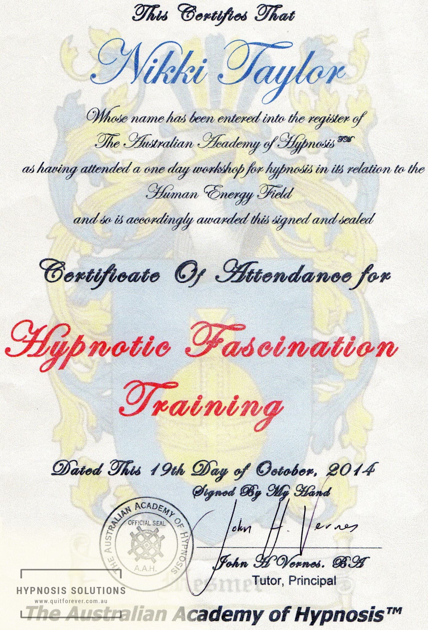 Certificate of Hypnotic Fascination Training