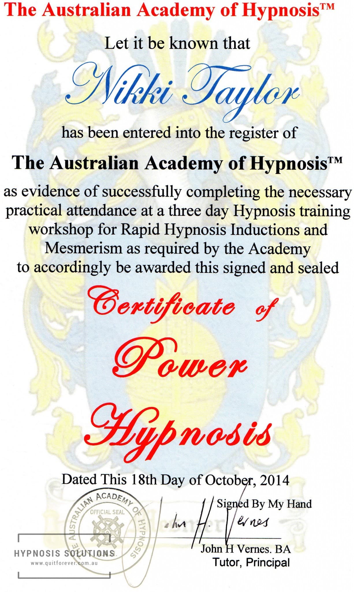Certificate of Power Hypnosis